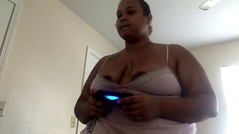Busty mixed race BBW plays with herself in ebony boyshorts while smoking 420 and indulging in some PS4 gaming