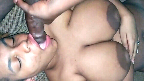 Ebony teen with big lips sucks and jiggles her massive mammaries for a facial finish!