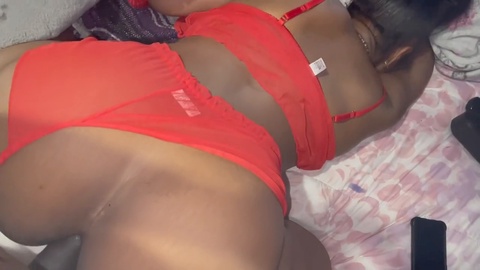 Ebony super-slut in red lace outfit gets her tight ass pounded