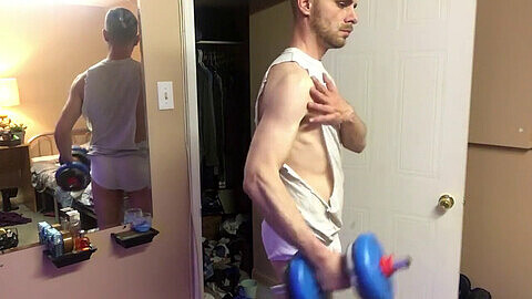 Athletic hunk strips off his sweaty tighty whities during a steamy workout session