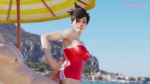 Tracer in swimsuit stroking massive glowing cock