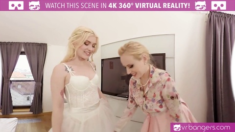 Sizzling VR bridesmaid threesome with big tit blondes at VRBangers.com
