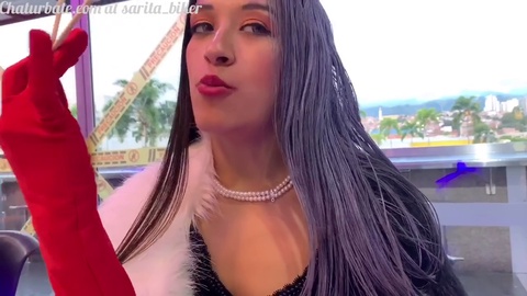 Public Halloween trick or treat with naughty Colombiana in high heels - Sarita as Cruella de Vil