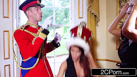 Aletta Ocean, the busty maid with enormous funbags and Madison Ivy, the naughty tourist, team up for a double blowjob on British Royal's cock