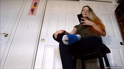 Nylon feet sniffing slave, women boots and socks off, sock sniffing