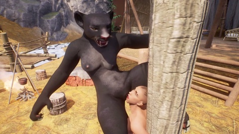 Saftige pelzige Pantherin melkt menschlichen Schwanz für Sperma in 3D POV Hentai