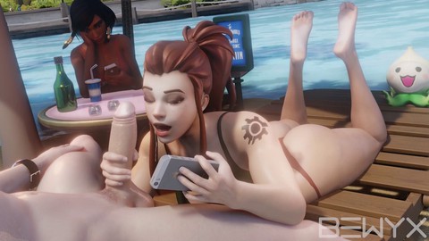 Bewyx's Brigitte gives a deep blowjob and gets covered in cum on the beach with Pharah from Overwatch