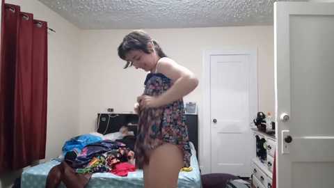 Sugar daddy's pawg sweetheart in pigtail tries on various outfits for him