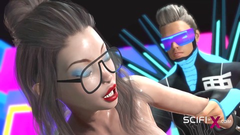 Nerdy girl in handcuffs dominated by a disco dude in a cyber sex party