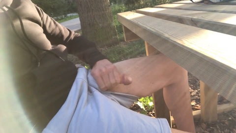 Risky public adventure! Horny guy bravely strokes his curved dick, pisses, wanks, and climaxes outdoors