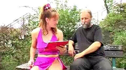 Busty redhead Mischel Channson gets pounded by grandpa outdoors