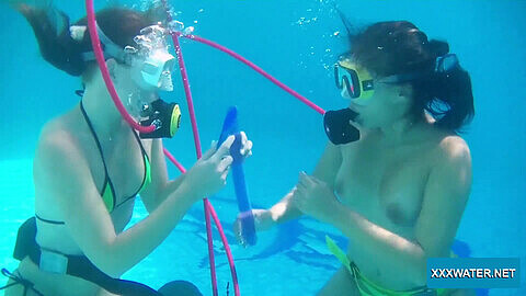 Underwater babes, water sports, naked sister