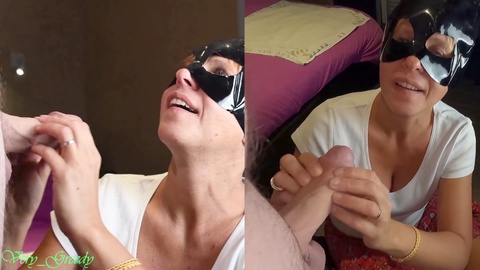 Naughty French MILF wearing a Catwoman mask gives her spouse an explosive facial and eagerly licks up every drop of cum