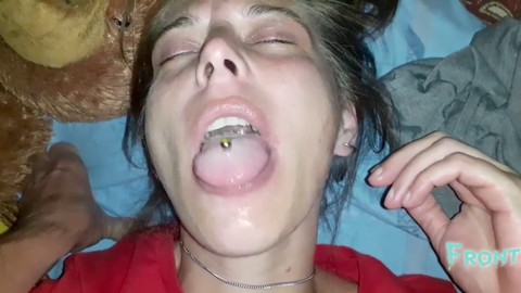 Nasty wife gives a deep throat blowjob, takes a messy cumshot in her mouth and gets rough facefucked