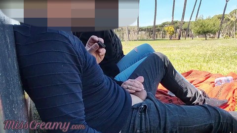 Cuckold outdoor, wife with stranger, cuckold handjob