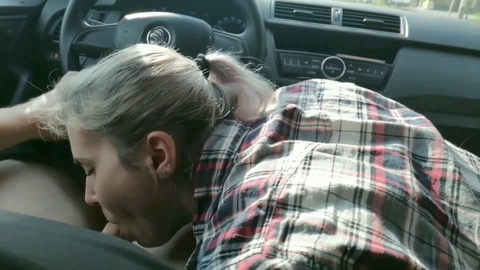 Risky public blowjob and facefuck from a stranger in my car on a road trip, ending with a thick facial cumshot