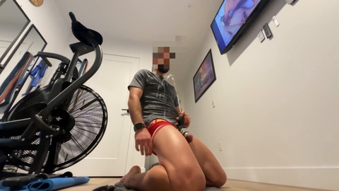 Gay ball stretcher, self piss, male piss and cum