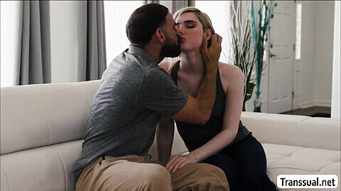Blonde t-girl Ella Hollywood spreads her legs for a guy's hard cock to invade her tight asshole
