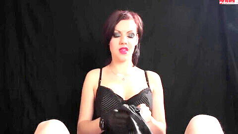 Smoking hot brunette gives a sizzling blowjob wearing leather gloves