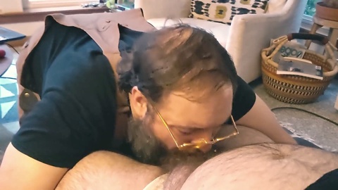 Bubba teddy from the countryside eagerly pleases his moustached daddy with a messy deepthroat blowjob