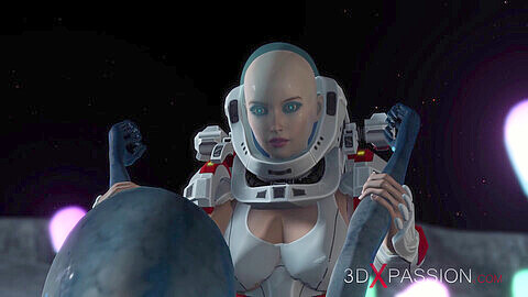 Intensiver Weltraumsex auf einem exotischen Exoplaneten! Eine Raumfrau in einem Raumanzug benutzt einen Strap-on, um einen Außerirdischen zu ficken.