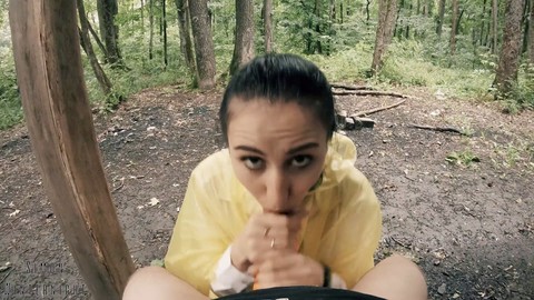 Inhale, forest blowjob, raincoat fetish