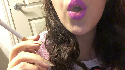 Teen smoking, pink lipstick, close up