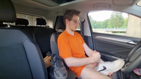 Playing with shoes and my cock in the car - Solo fetish fun!