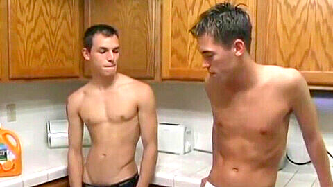 Intense kitchen makeout session with two lustful young studs