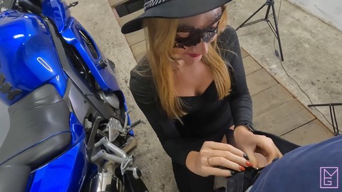 Halloween costume babe gives deepthroating blowjob on a motorcycle