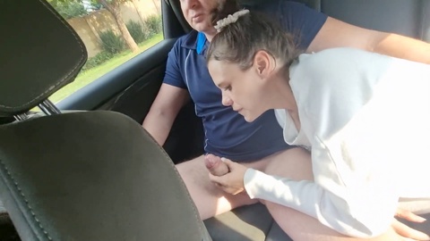 Sloppy blowjob and gagging in the back of a moving car | Public fun!