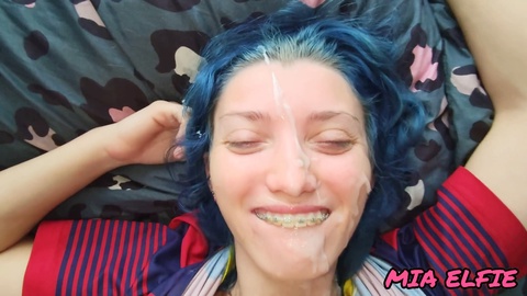 Girlfriend blowjob, beautiful girl, cumshot on blue hair