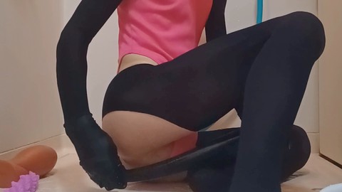 Crossdresser Kuroko thrusts massive dildo into asshole in pink leotard