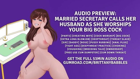 Prévisualisation audio : Secrétaire mariée appelle son mari pendant qu'elle vénère la grosse bite de son patron.