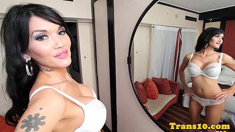 Busty trans beauty Eva Lin strokes her hard cock in sexy lingerie and teases you