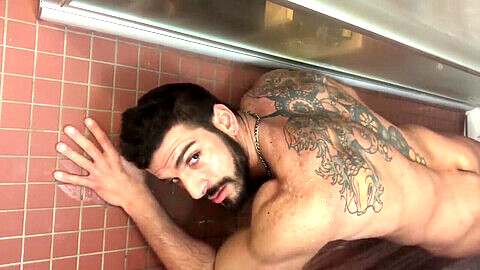 Gay hunks top, badboy, hairy muscle shower